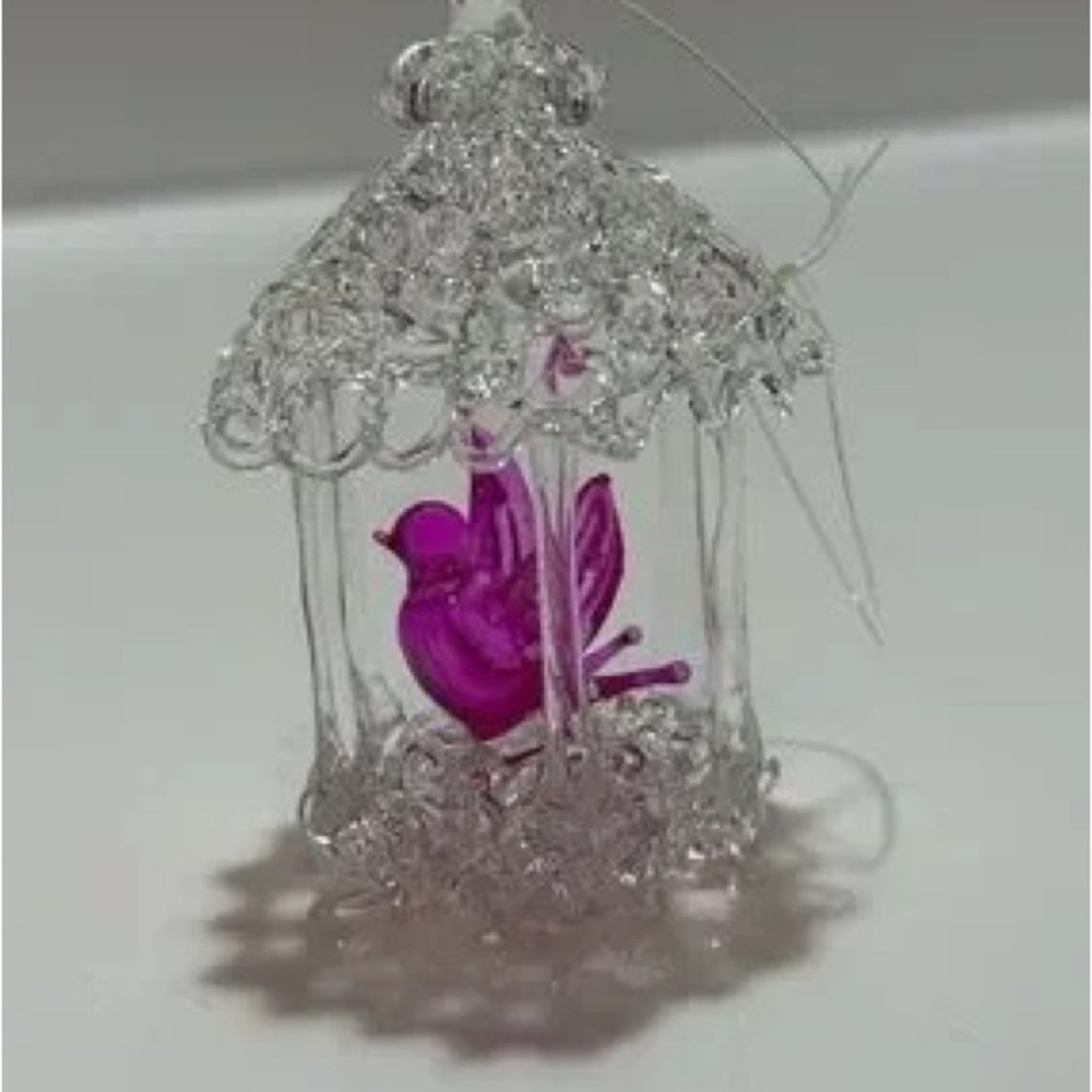 Pink Glass Bird Ornament in Decorative Cage - Pets Bird